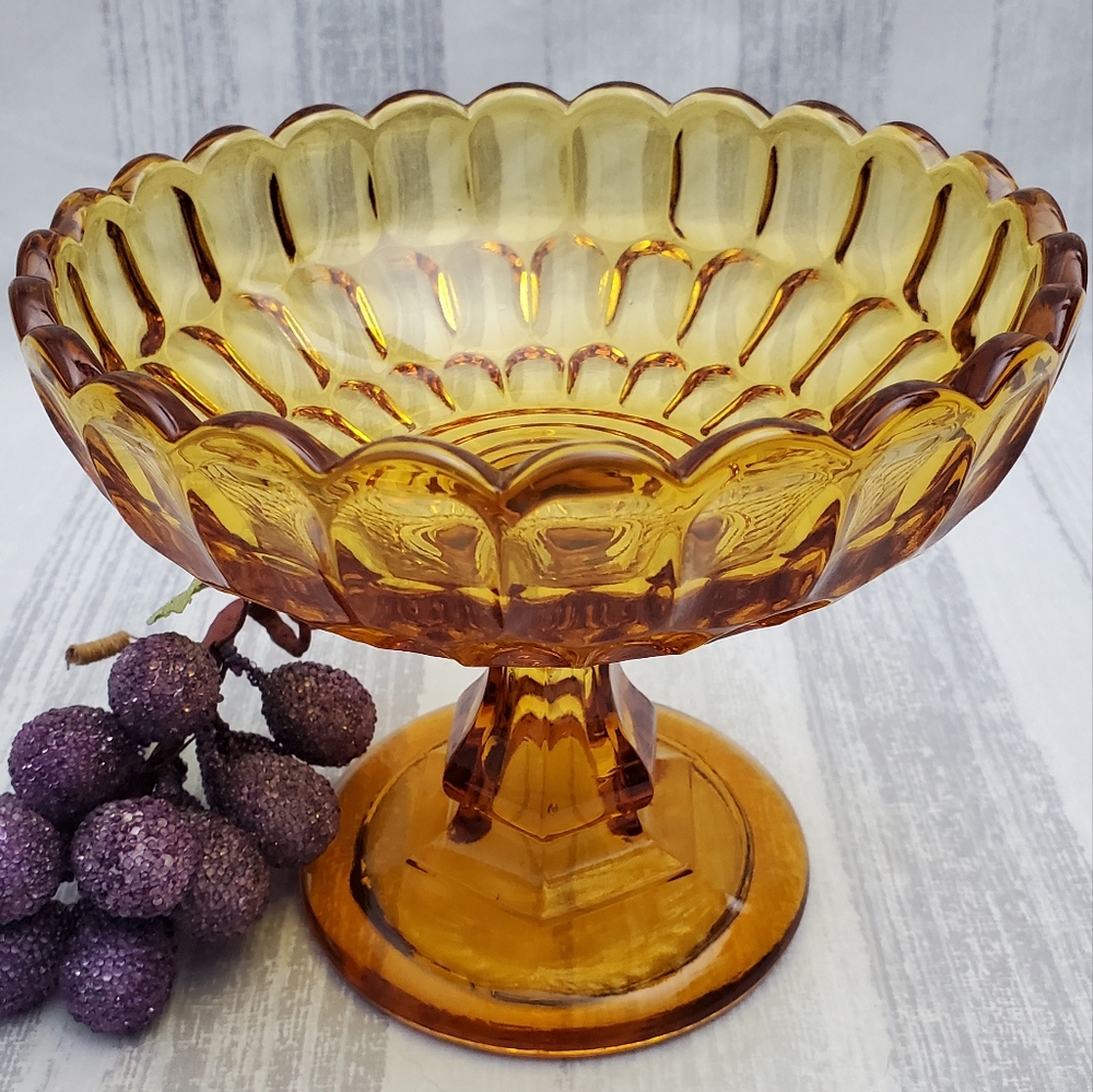 MCM-Vintage Amber-Yellow Glass Pedestal Bowl with Scalloped Edges *